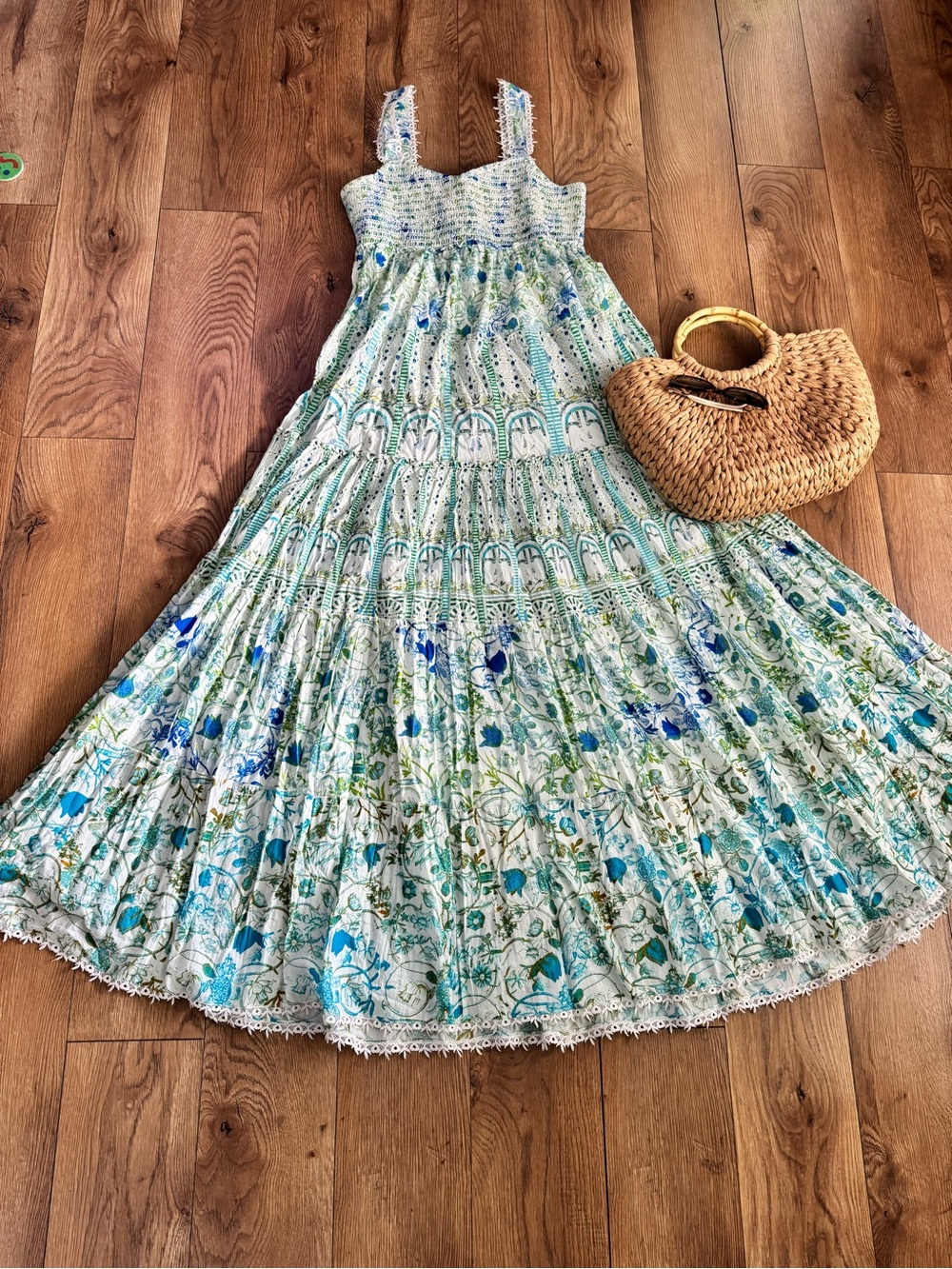 Rococo Sand Light Aqua & Blue Floral Smocked Dress